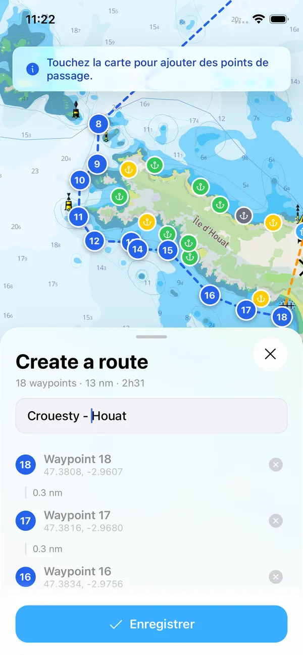 The same route in the BoatMap mobile app