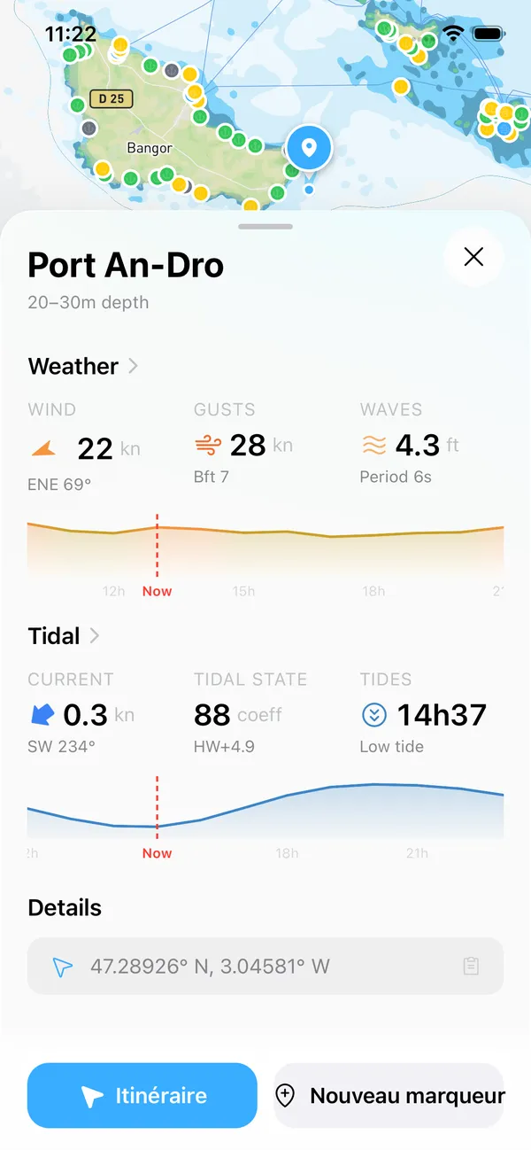 Marine weather with wind, waves and tides