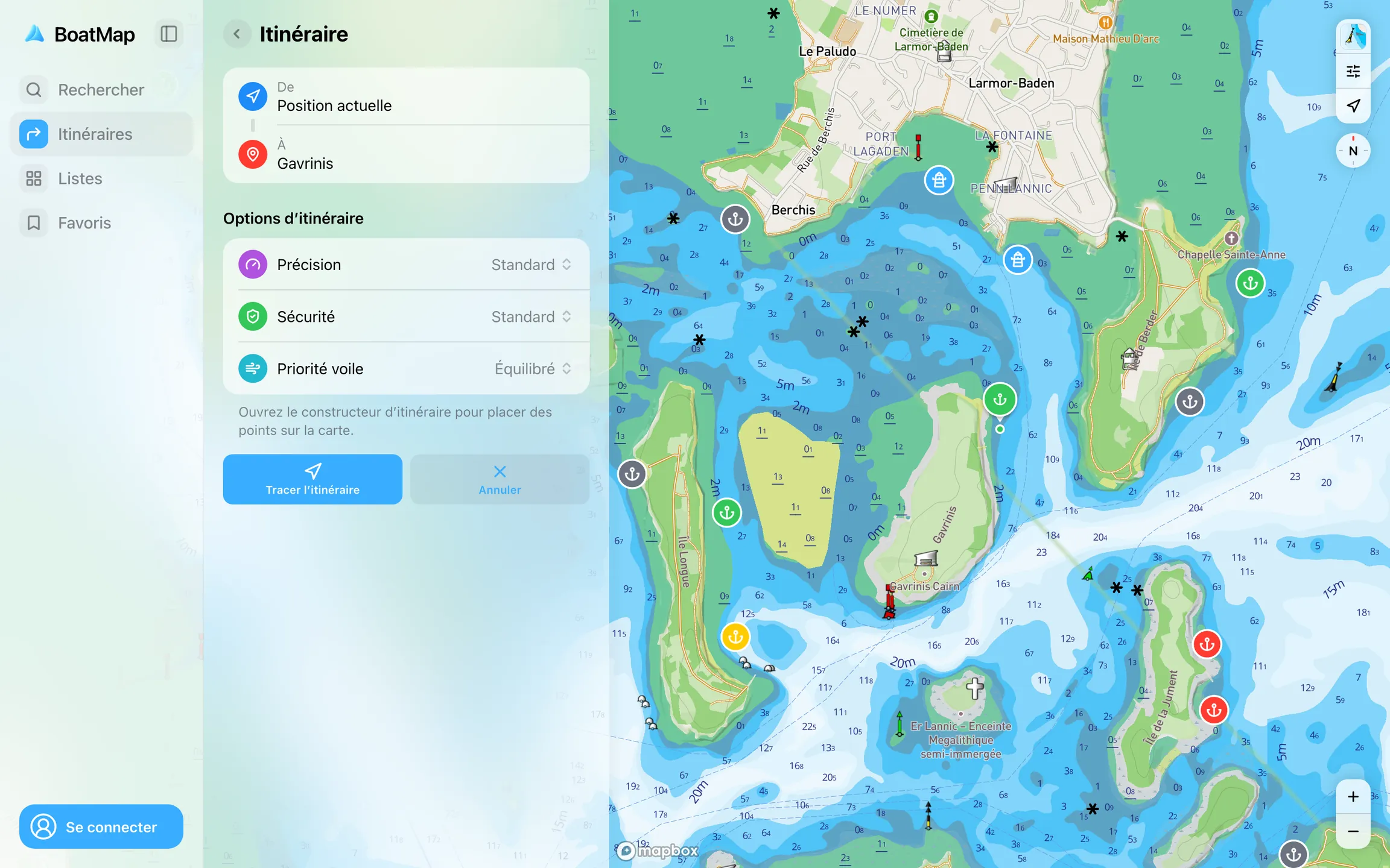 BoatMap on the web: an itinerary drawn on the nautical chart of the Golfe du Morbihan